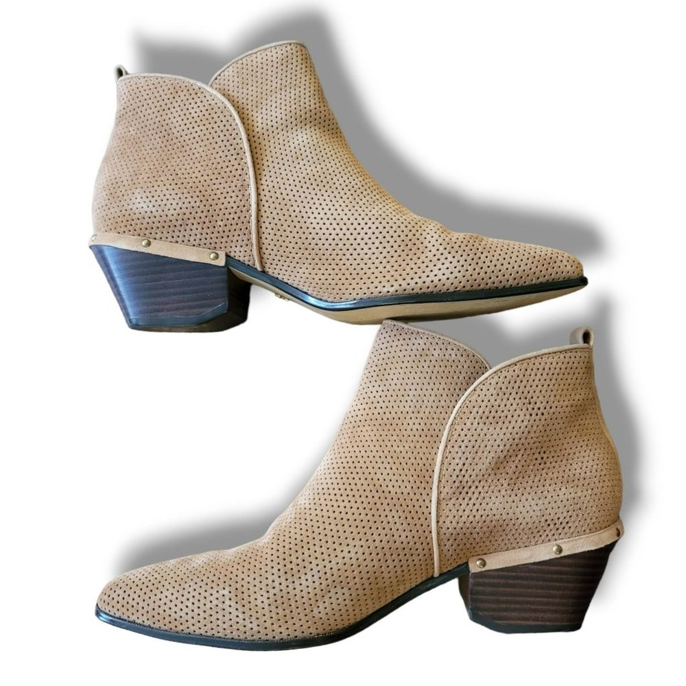 Tan Ankle Boot Perforated Nina Originals Stacked Heel Womans Size 11 JJ3045